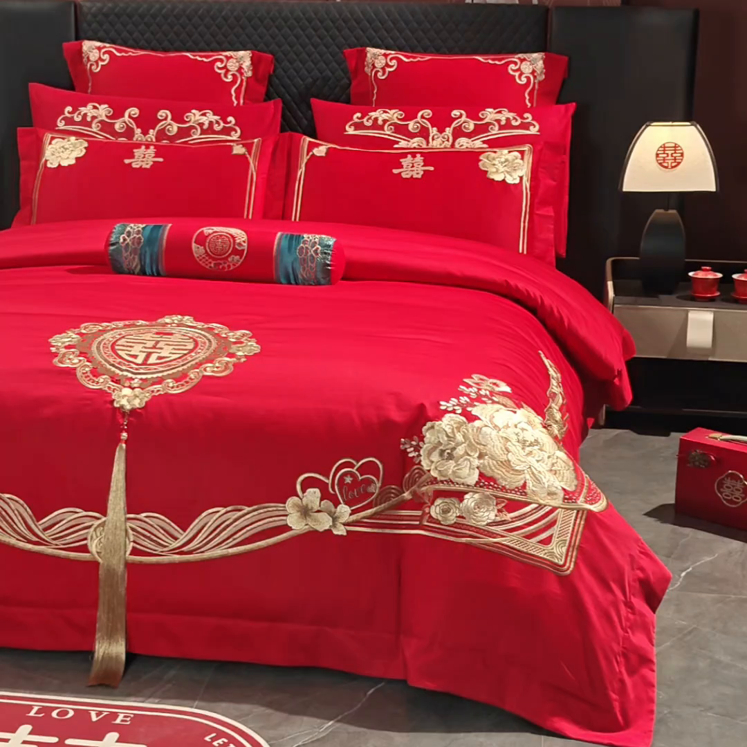 91家纺网 家纺一手货源 找家纺 博之洋婚庆 2026新款全棉纯棉长绒棉刺绣婚庆四件套多件套 花香四溢-红