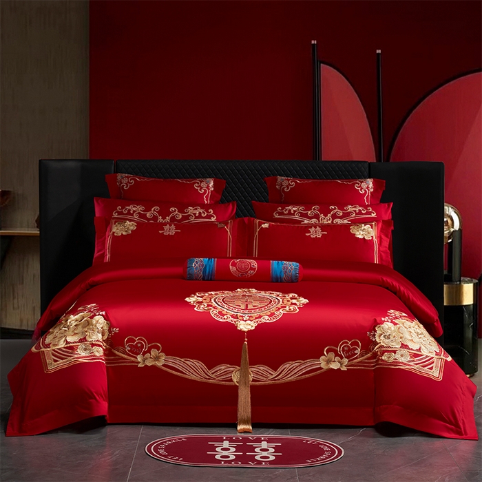 博之洋婚庆 2026新款全棉纯棉长绒棉刺绣婚庆四件套多件套 花香四溢-金