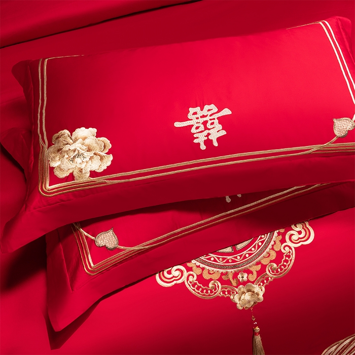 91家纺网 家纺一手货源 找家纺 博之洋婚庆 2026新款全棉纯棉长绒棉刺绣婚庆四件套多件套 花香四溢-金