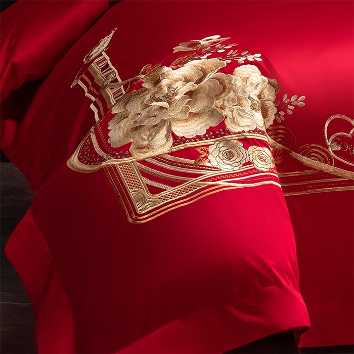 91家纺网 家纺一手货源 找家纺 博之洋婚庆 2026新款全棉纯棉长绒棉刺绣婚庆四件套多件套 花香四溢-金