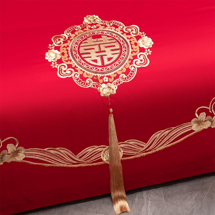 91家纺网 家纺一手货源 找家纺 博之洋婚庆 2026新款全棉纯棉长绒棉刺绣婚庆四件套多件套 花香四溢-金