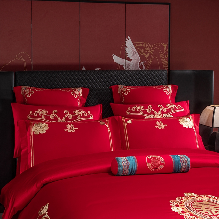 91家纺网 家纺一手货源 找家纺 博之洋婚庆 2026新款全棉纯棉长绒棉刺绣婚庆四件套多件套 花香四溢-金