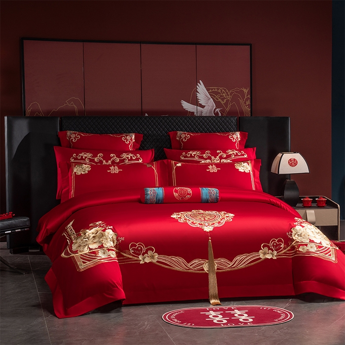 91家纺网 家纺一手货源 找家纺 博之洋婚庆 2026新款全棉纯棉长绒棉刺绣婚庆四件套多件套 花香四溢-金