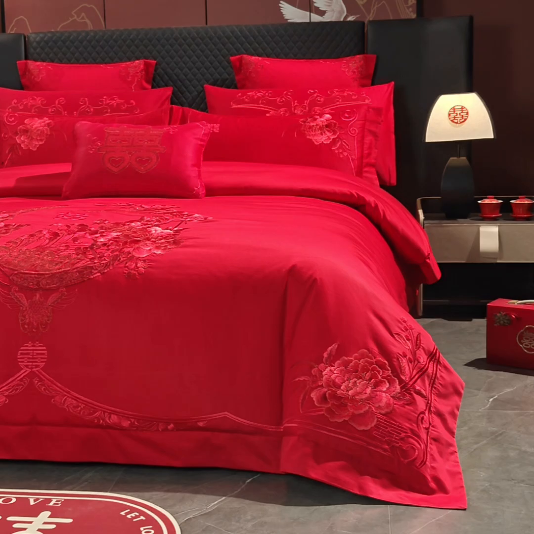 91家纺网 家纺一手货源 找家纺 博之洋婚庆 2026新款全棉纯棉长绒棉刺绣婚庆四件套多件套 花香四溢-金