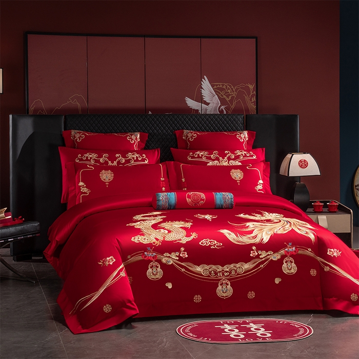 91家纺网 家纺一手货源 找家纺 博之洋婚庆 2026新款全棉纯棉长绒棉刺绣婚庆四件套多件套 龙飞凤舞