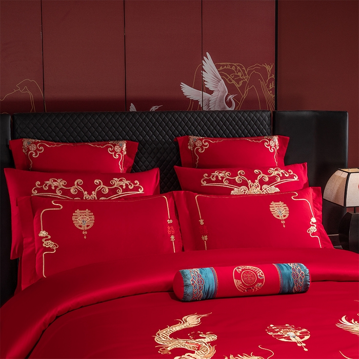 91家纺网 家纺一手货源 找家纺 博之洋婚庆 2026新款全棉纯棉长绒棉刺绣婚庆四件套多件套 龙飞凤舞