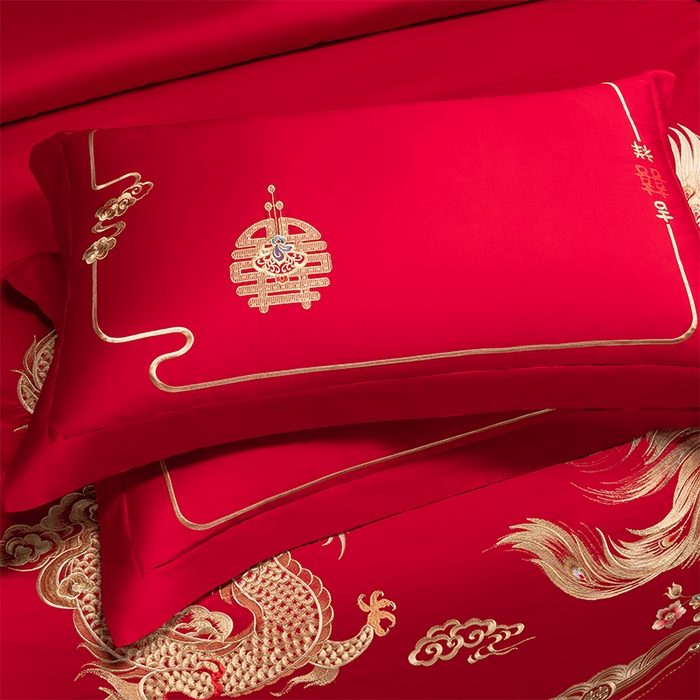 91家纺网 家纺一手货源 找家纺 博之洋婚庆 2026新款全棉纯棉长绒棉刺绣婚庆四件套多件套 龙飞凤舞