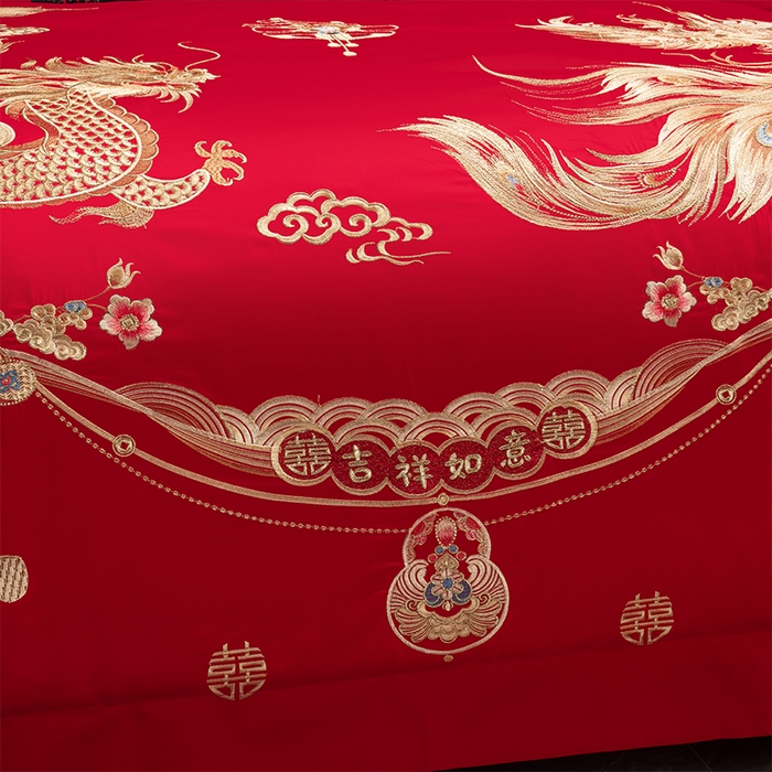 91家纺网 家纺一手货源 找家纺 博之洋婚庆 2026新款全棉纯棉长绒棉刺绣婚庆四件套多件套 龙飞凤舞