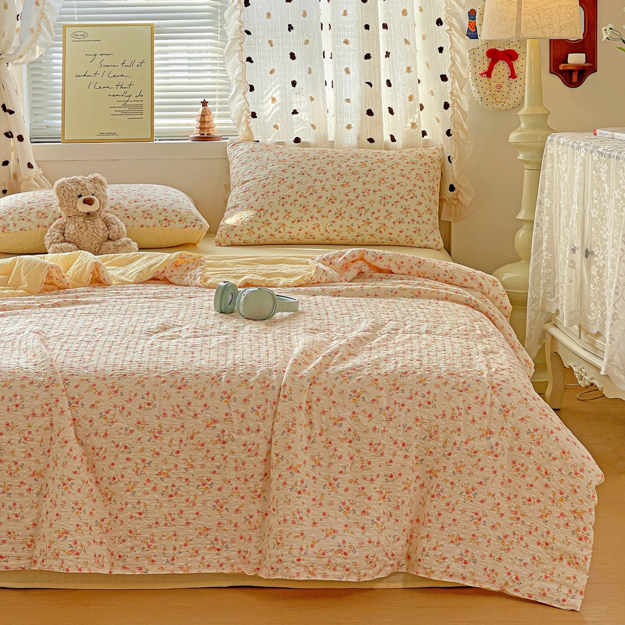 91家纺网 家纺一手货源 找家纺 仟网汇 2026新款泡芙纱简单款夏被四件套 心愿