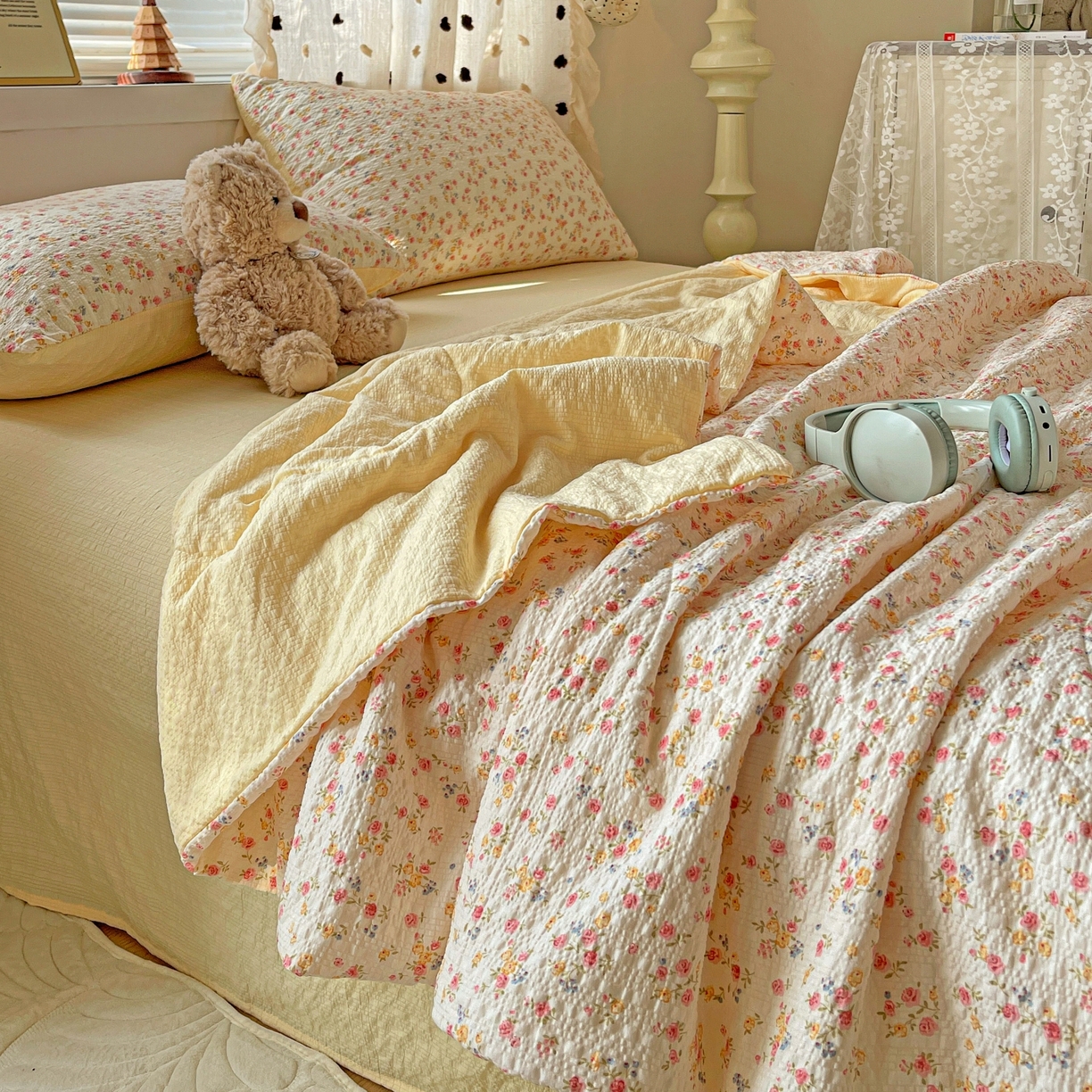 91家纺网 家纺一手货源 找家纺 仟网汇 2026新款泡芙纱简单款夏被四件套 心愿