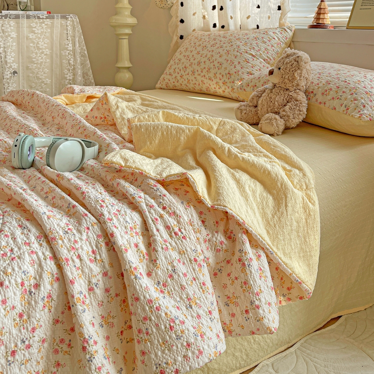 91家纺网 家纺一手货源 找家纺 仟网汇 2026新款泡芙纱简单款夏被四件套 心愿