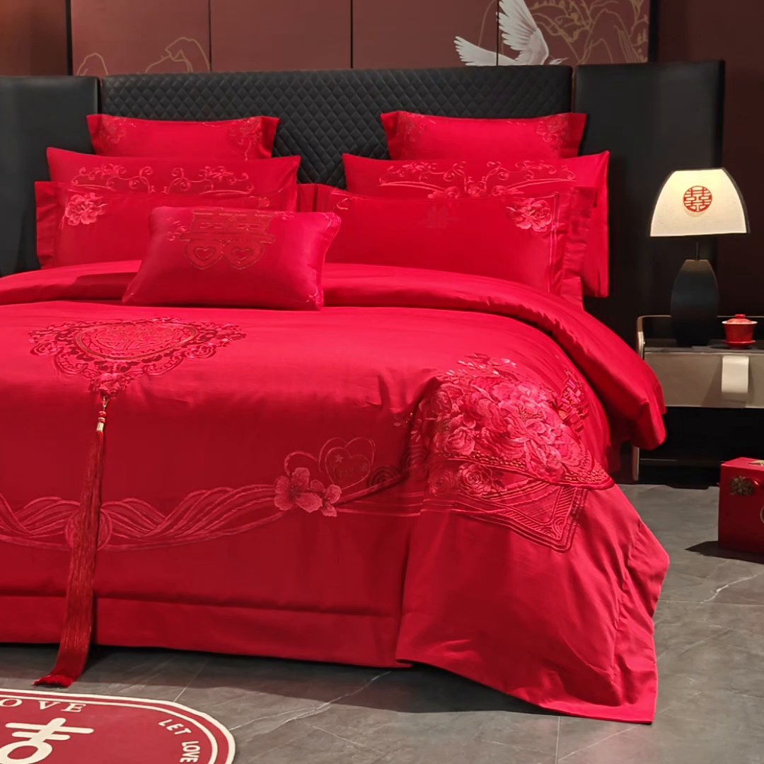 91家纺网 家纺一手货源 找家纺 博之洋婚庆 2026新款全棉纯棉长绒棉刺绣婚庆四件套多件套 龙飞凤舞