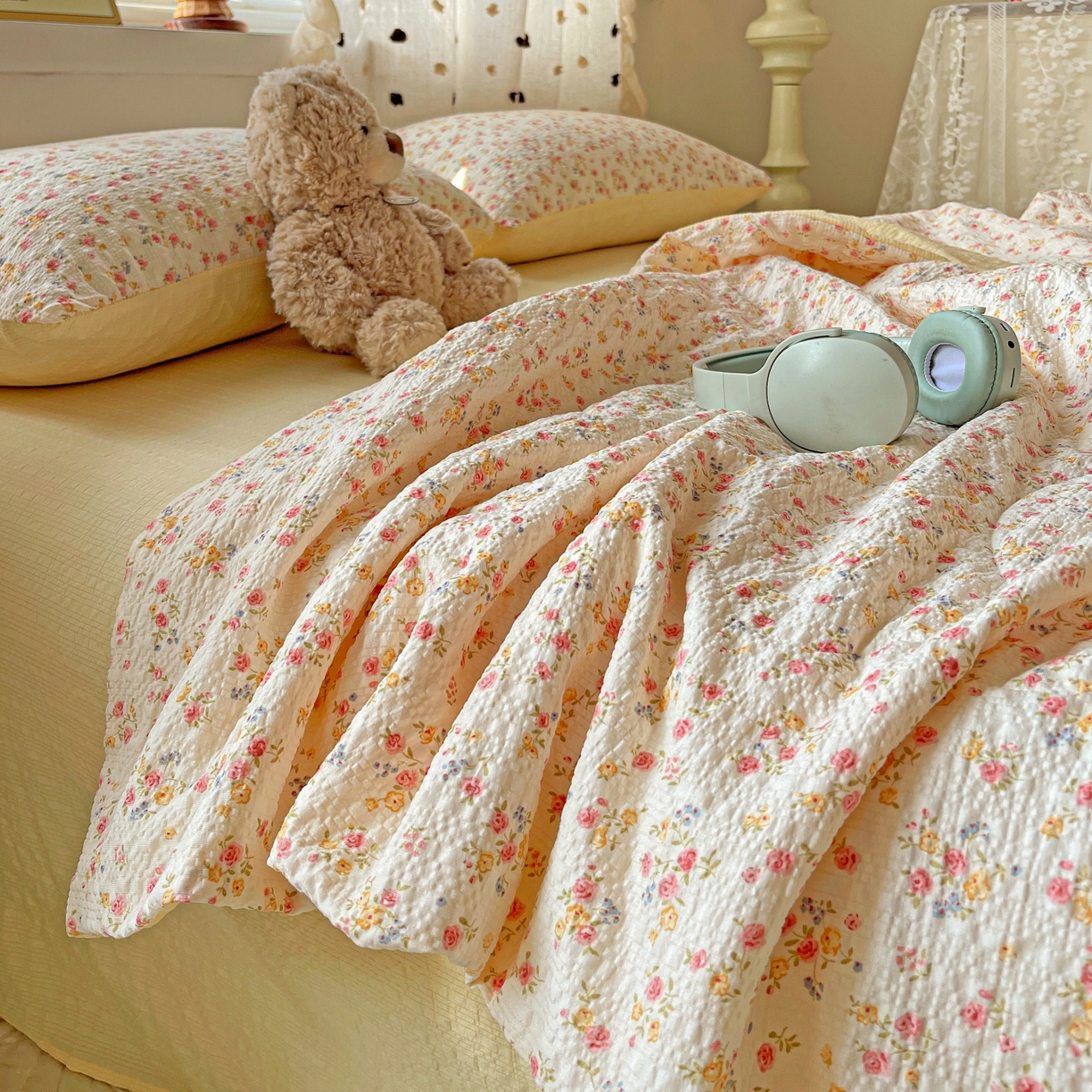 91家纺网 家纺一手货源 找家纺 仟网汇 2026新款泡芙纱简单款夏被四件套 心愿