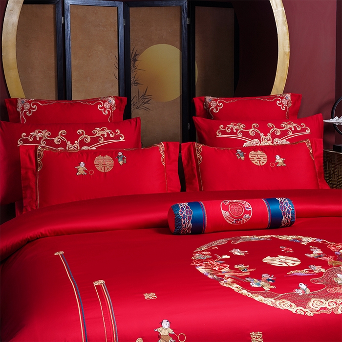 91家纺网 家纺一手货源 找家纺 博之洋婚庆 2026新款全棉纯棉长绒棉刺绣婚庆四件套多件套 百子百福