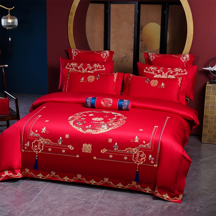 91家纺网 家纺一手货源 找家纺 博之洋婚庆 2026新款全棉纯棉长绒棉刺绣婚庆四件套多件套 百子百福