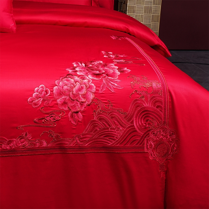 91家纺网 家纺一手货源 找家纺 博之洋婚庆 2026新款全棉纯棉长绒棉刺绣婚庆四件套多件套 富贵牡丹-红