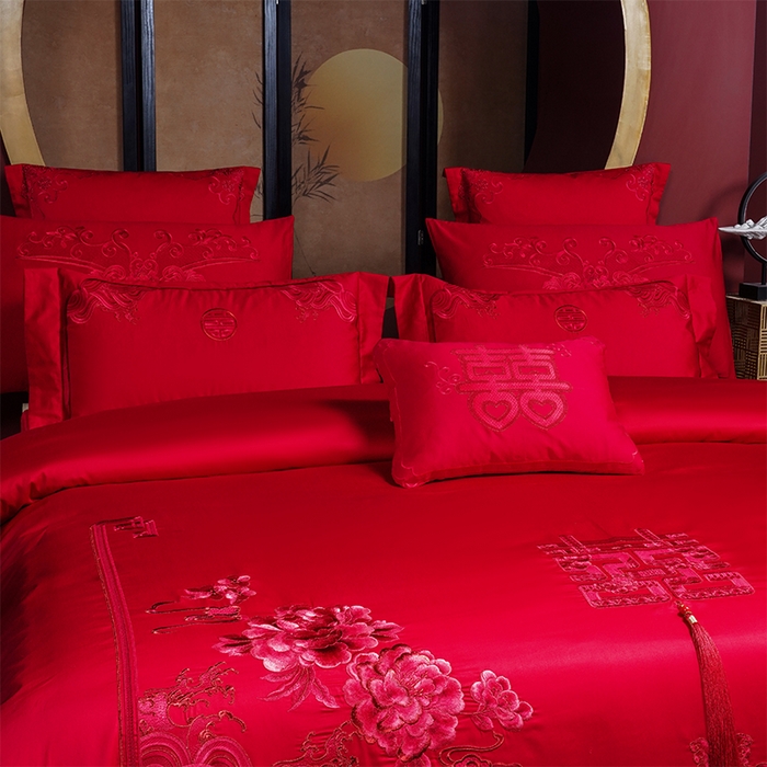 91家纺网 家纺一手货源 找家纺 博之洋婚庆 2026新款全棉纯棉长绒棉刺绣婚庆四件套多件套 富贵牡丹-红