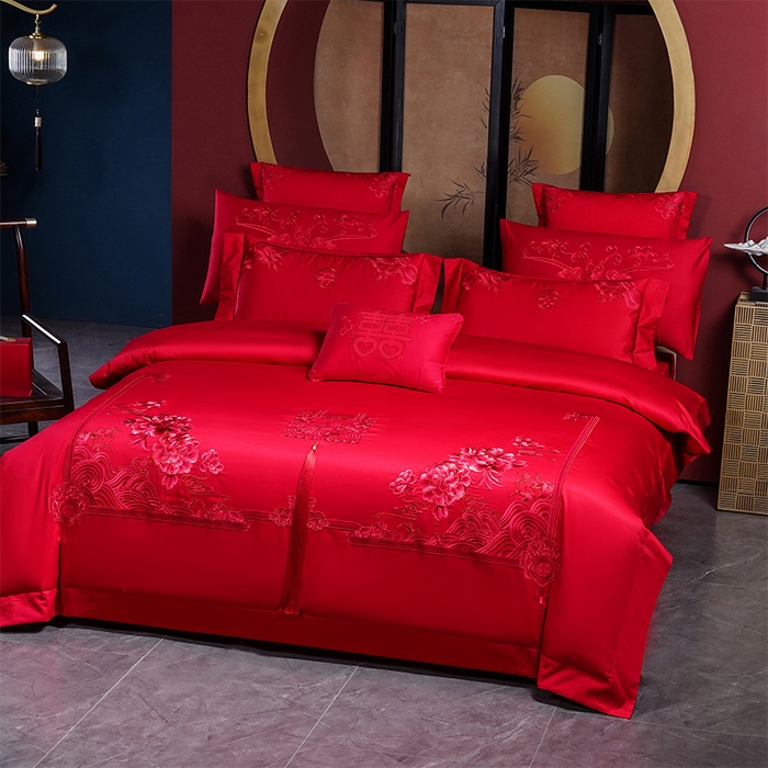 91家纺网 家纺一手货源 找家纺 博之洋婚庆 2026新款全棉纯棉长绒棉刺绣婚庆四件套多件套 富贵牡丹-红