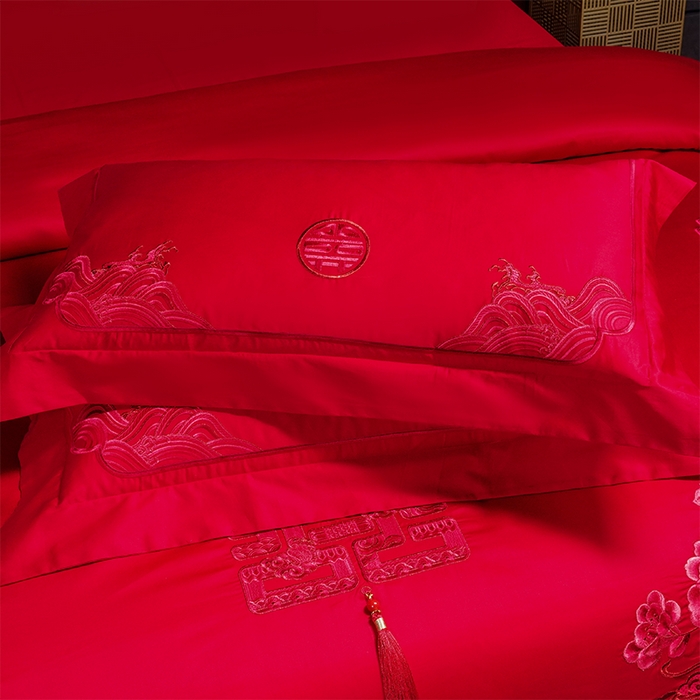 91家纺网 家纺一手货源 找家纺 博之洋婚庆 2026新款全棉纯棉长绒棉刺绣婚庆四件套多件套 富贵牡丹-红