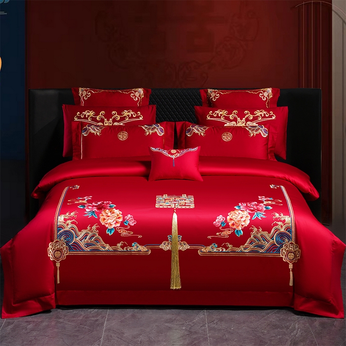博之洋婚庆 2026新款全棉纯棉长绒棉刺绣婚庆四件套多件套 富贵牡丹-金