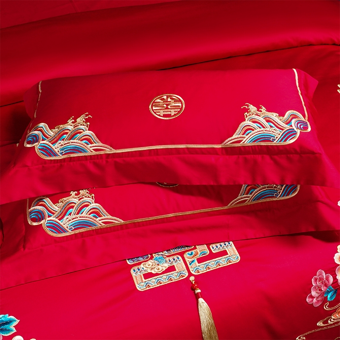 91家纺网 家纺一手货源 找家纺 博之洋婚庆 2026新款全棉纯棉长绒棉刺绣婚庆四件套多件套 富贵牡丹-金