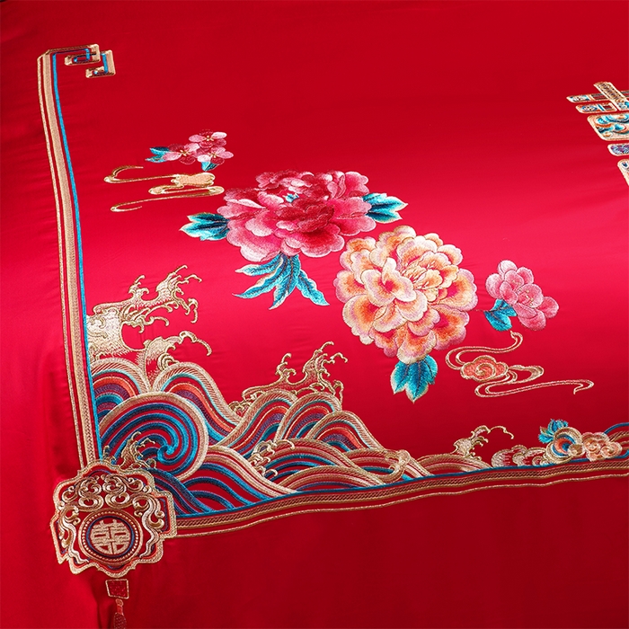 91家纺网 家纺一手货源 找家纺 博之洋婚庆 2026新款全棉纯棉长绒棉刺绣婚庆四件套多件套 富贵牡丹-金