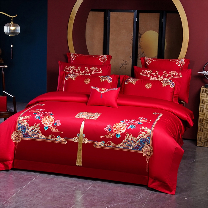 91家纺网 家纺一手货源 找家纺 博之洋婚庆 2026新款全棉纯棉长绒棉刺绣婚庆四件套多件套 富贵牡丹-金
