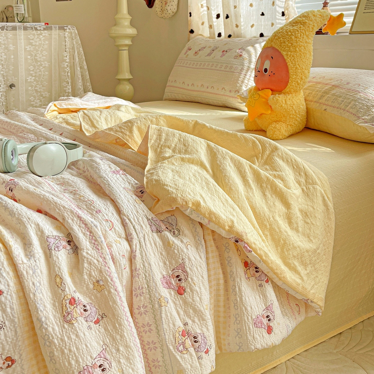 91家纺网 家纺一手货源 找家纺 仟网汇 2026新款泡芙纱简单款夏被四件套 星梦乐园