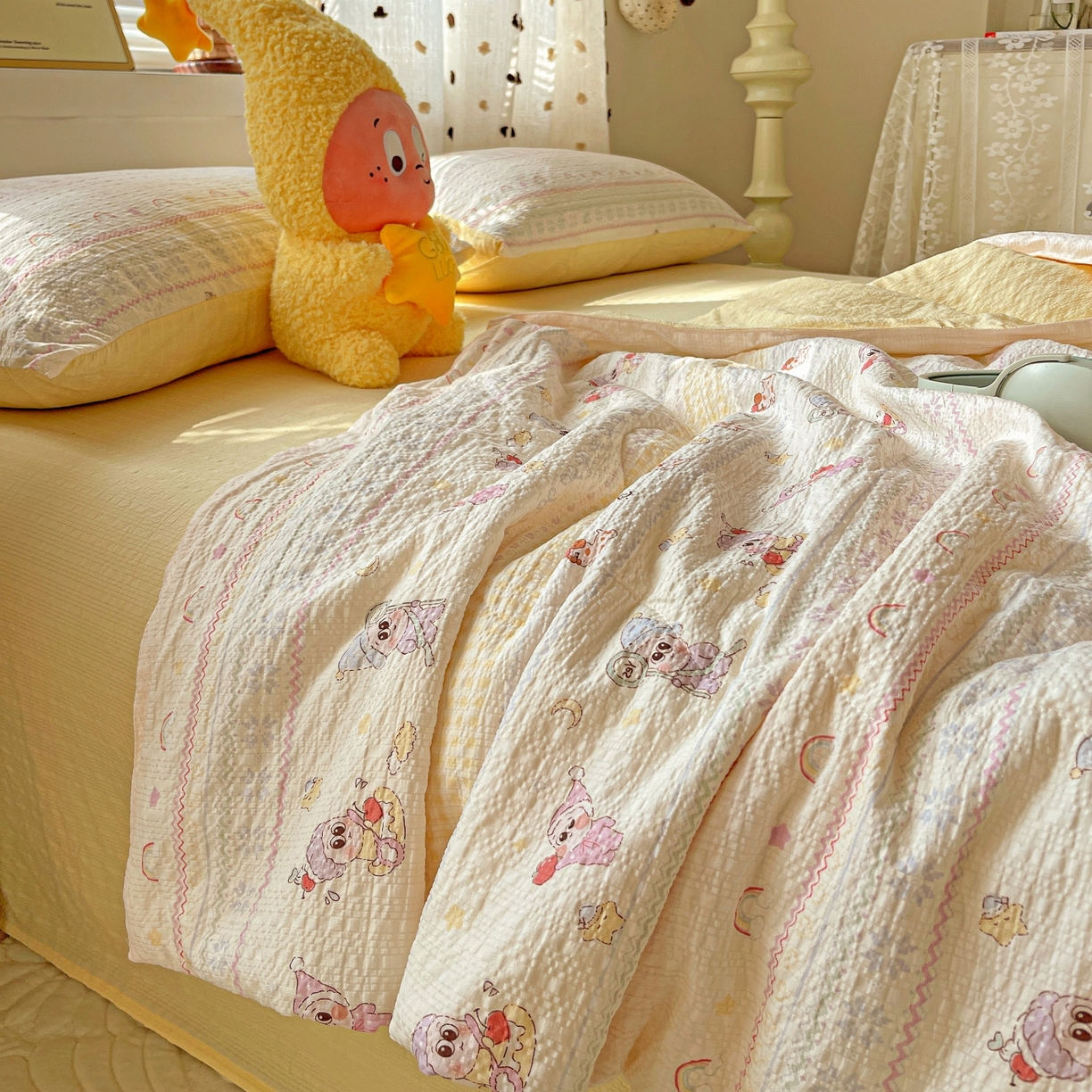 91家纺网 家纺一手货源 找家纺 仟网汇 2026新款泡芙纱简单款夏被四件套 星梦乐园