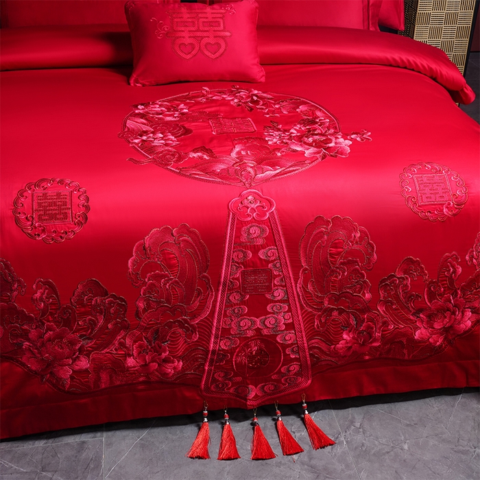 91家纺网 家纺一手货源 找家纺 博之洋婚庆 2026新款全棉纯棉长绒棉刺绣婚庆四件套多件套 花开浪漫-红