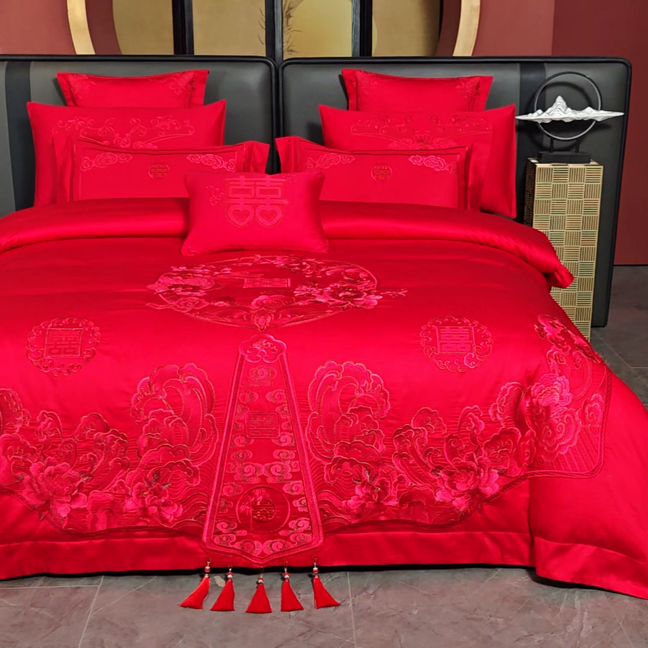 91家纺网 家纺一手货源 找家纺 博之洋婚庆 2026新款全棉纯棉长绒棉刺绣婚庆四件套多件套 花开浪漫-红