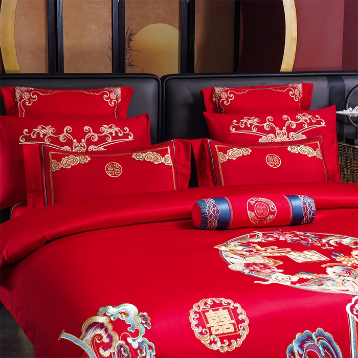 91家纺网 家纺一手货源 找家纺 博之洋婚庆 2026新款全棉纯棉长绒棉刺绣婚庆四件套多件套 花开浪漫-金