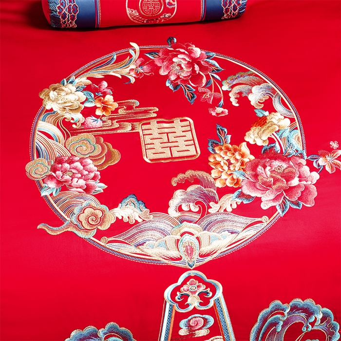 91家纺网 家纺一手货源 找家纺 博之洋婚庆 2026新款全棉纯棉长绒棉刺绣婚庆四件套多件套 花开浪漫-金