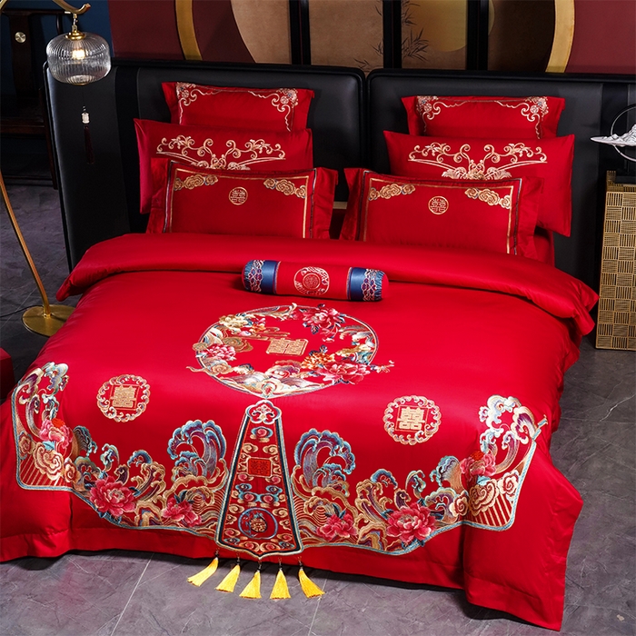 91家纺网 家纺一手货源 找家纺 博之洋婚庆 2026新款全棉纯棉长绒棉刺绣婚庆四件套多件套 花开浪漫-金