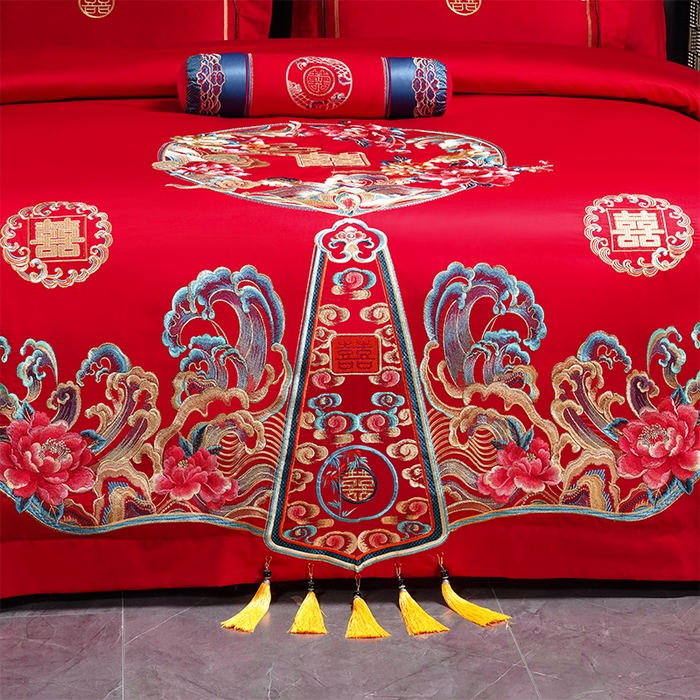 91家纺网 家纺一手货源 找家纺 博之洋婚庆 2026新款全棉纯棉长绒棉刺绣婚庆四件套多件套 花开浪漫-金