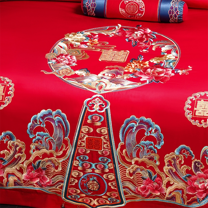 91家纺网 家纺一手货源 找家纺 博之洋婚庆 2026新款全棉纯棉长绒棉刺绣婚庆四件套多件套 花开浪漫-金