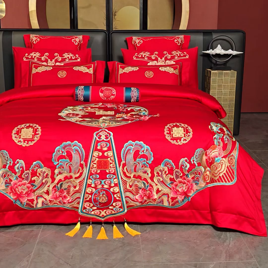 91家纺网 家纺一手货源 找家纺 博之洋婚庆 2026新款全棉纯棉长绒棉刺绣婚庆四件套多件套 花开浪漫-金