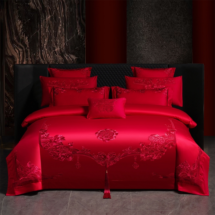 博之洋婚庆 2026新款全棉纯棉长绒棉刺绣婚庆四件套多件套 永恒爱恋-红