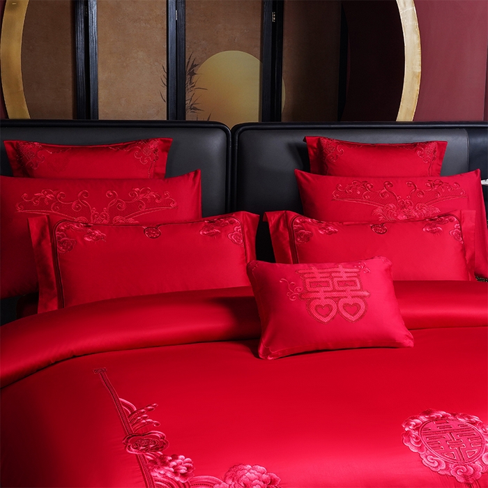 91家纺网 家纺一手货源 找家纺 博之洋婚庆 2026新款全棉纯棉长绒棉刺绣婚庆四件套多件套 永恒爱恋-红