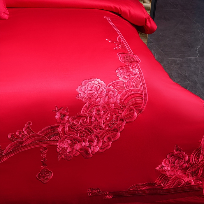 91家纺网 家纺一手货源 找家纺 博之洋婚庆 2026新款全棉纯棉长绒棉刺绣婚庆四件套多件套 永恒爱恋-红