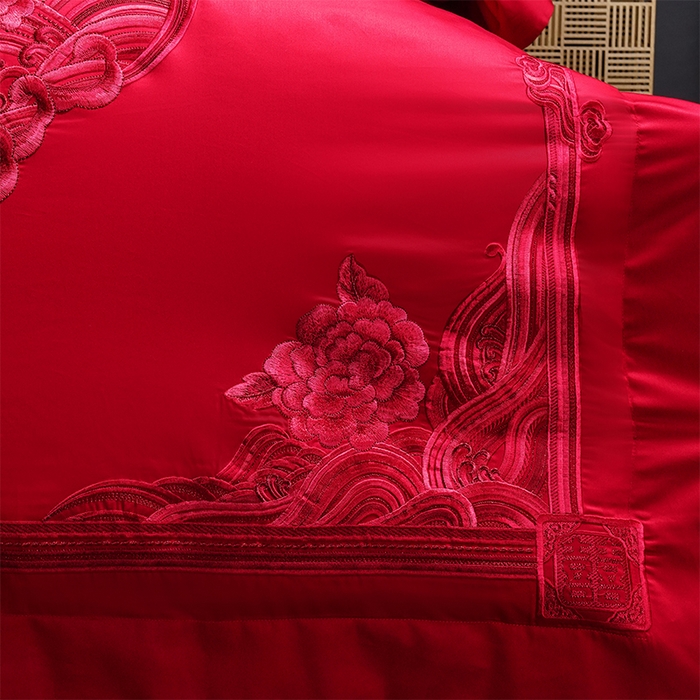 91家纺网 家纺一手货源 找家纺 博之洋婚庆 2026新款全棉纯棉长绒棉刺绣婚庆四件套多件套 永恒爱恋-红