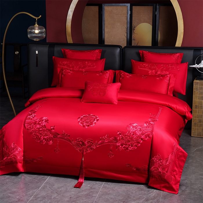 91家纺网 家纺一手货源 找家纺 博之洋婚庆 2026新款全棉纯棉长绒棉刺绣婚庆四件套多件套 永恒爱恋-红