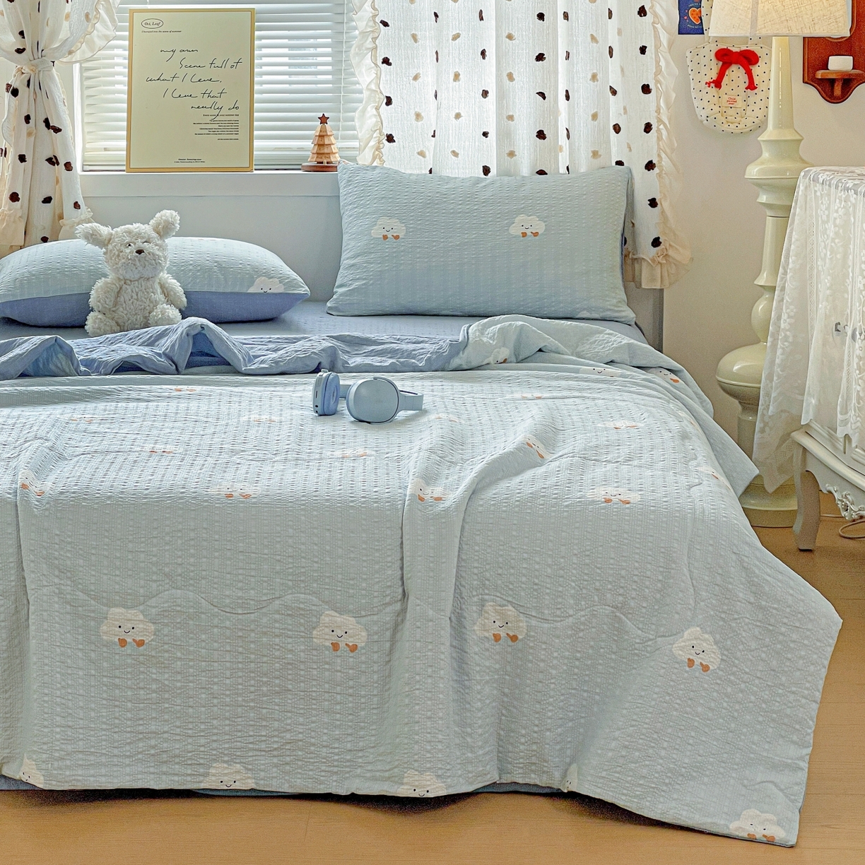 91家纺网 家纺一手货源 找家纺 仟网汇 2026新款泡芙纱简单款夏被四件套 云朵泡芙