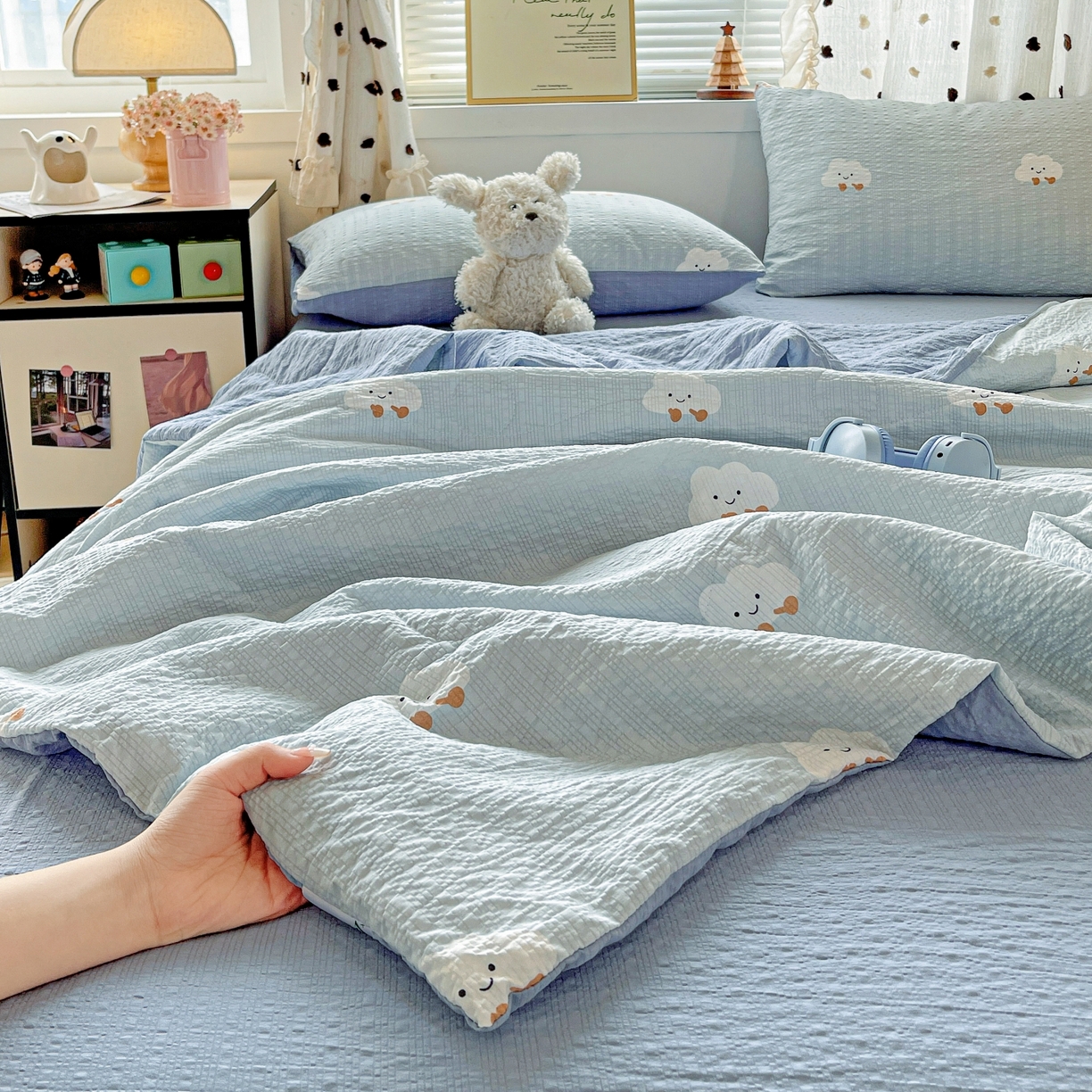 91家纺网 家纺一手货源 找家纺 仟网汇 2026新款泡芙纱简单款夏被四件套 云朵泡芙