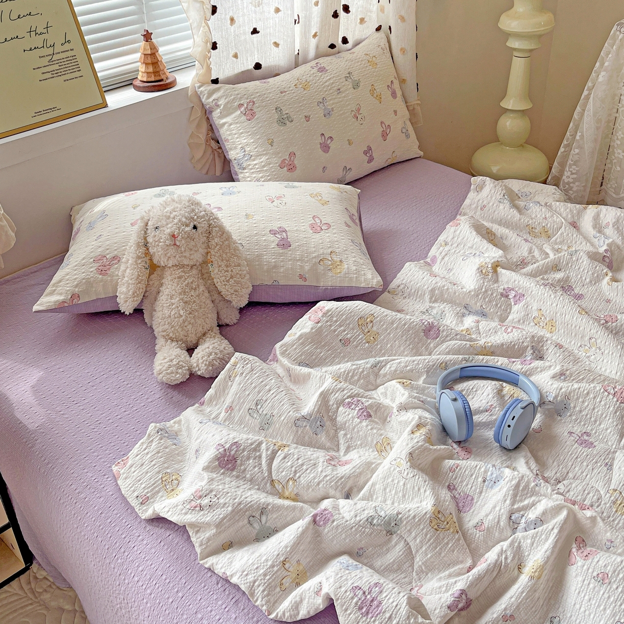 91家纺网 家纺一手货源 找家纺 仟网汇 2026新款泡芙纱简单款夏被四件套 长耳兔