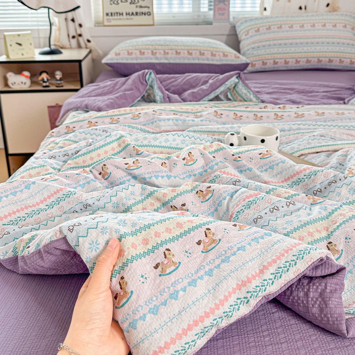 91家纺网 家纺一手货源 找家纺 （总）梦莱斯 2026新款小清新印花水洗夏被四件套-简单款