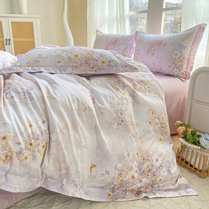 91家纺网 家纺一手货源 找家纺 凌鼎 2026新款高支高密100%全棉数码印花四件套 茶语之桔