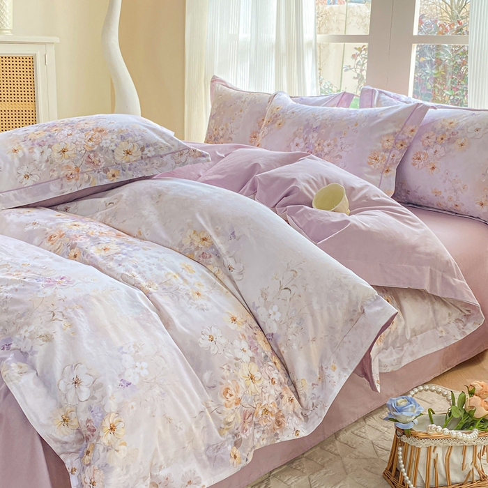 91家纺网 家纺一手货源 找家纺 凌鼎 2026新款高支高密100%全棉数码印花四件套 茶语之桔