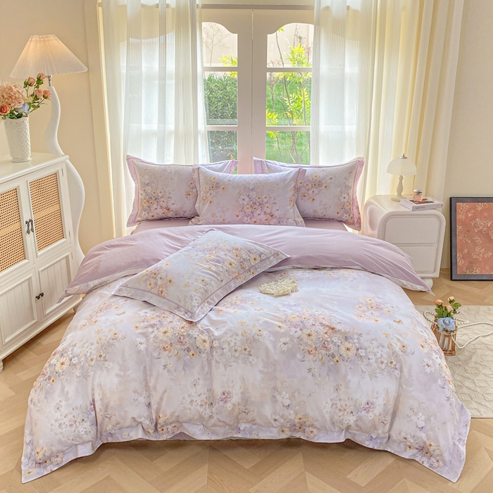 91家纺网 家纺一手货源 找家纺 凌鼎 2026新款高支高密100%全棉数码印花四件套 茶语之桔