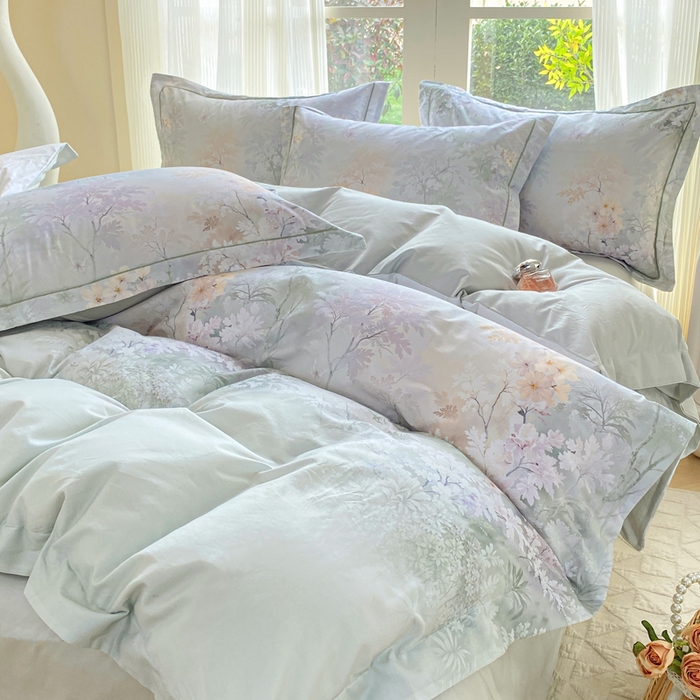 91家纺网 家纺一手货源 找家纺 凌鼎 2026新款高支高密100%全棉数码印花四件套 风谷幽兰绿